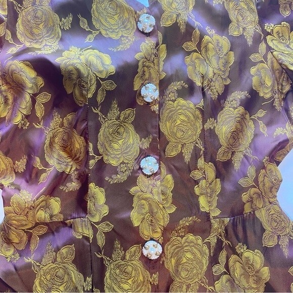 Vintage NONA Fashion USA Shimmer Gold Floral 2 Piece Jkt Ruffles Midi SZ M - Picture 4 of 10